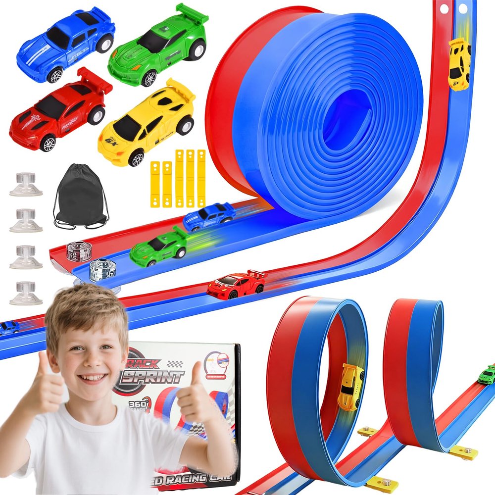 20ft Flexible Race Track for Kids with 4 Pull-Back Cars & Portable Storage Bag,4pcs Strong Suction Cups,5pcs Track Stabilizers,for 1/64 Cars,Roll Up Slot Car Race Track with Loops