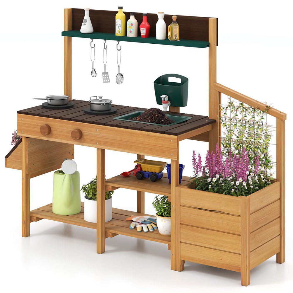 HONEY JOY Mud Kitchen, Cedar Wood Pretend Play Kitchen for Toddlers, Plant Growing Box & Trellis, Real Faucet w/Running Water, Sink, Accessories, Outdoor Kids Kitchen Playset for Garden Fun(Natural)