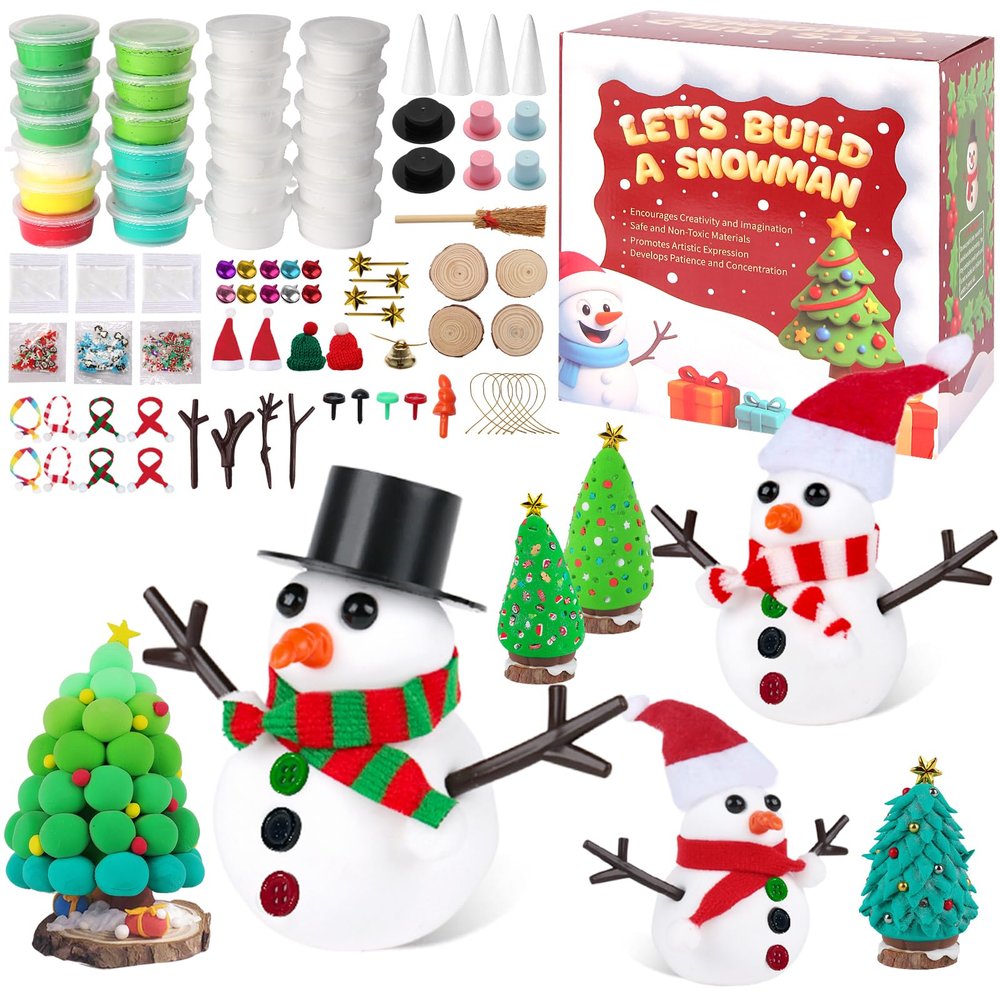 FIIOEOY 24 Pack Build a Snowman & Christmas Trees Clay Kit for Kids  Colorful Air Dry Clay Christmas Craft Set, Modeling Craft DIY Set, 2-in-1 Snowman Tree Activity, Creative Xmas Gift for Boys Girls