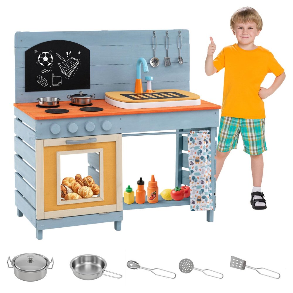 Costzon Mud Kitchen, Wooden Toy Playset w/Stoves, Sink, Faucet, Grill Rack, Chalkboard, Rotatable Knobs, Flowerpots, Shelves & Cabinets, Outdoor Mud Kitchen for Kids Aged 3-8
