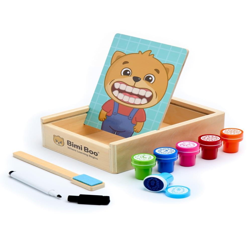 Bimi Boo Tooth Brushing Toy for Toddlers 2-4 Montessori Dentist Kit for Kids, Teeth Cleaning Toy, Dental Hygiene Learning Set, 8-Piece Playset with 6 Tooth Monster Stamps, Marker & Toothbrush