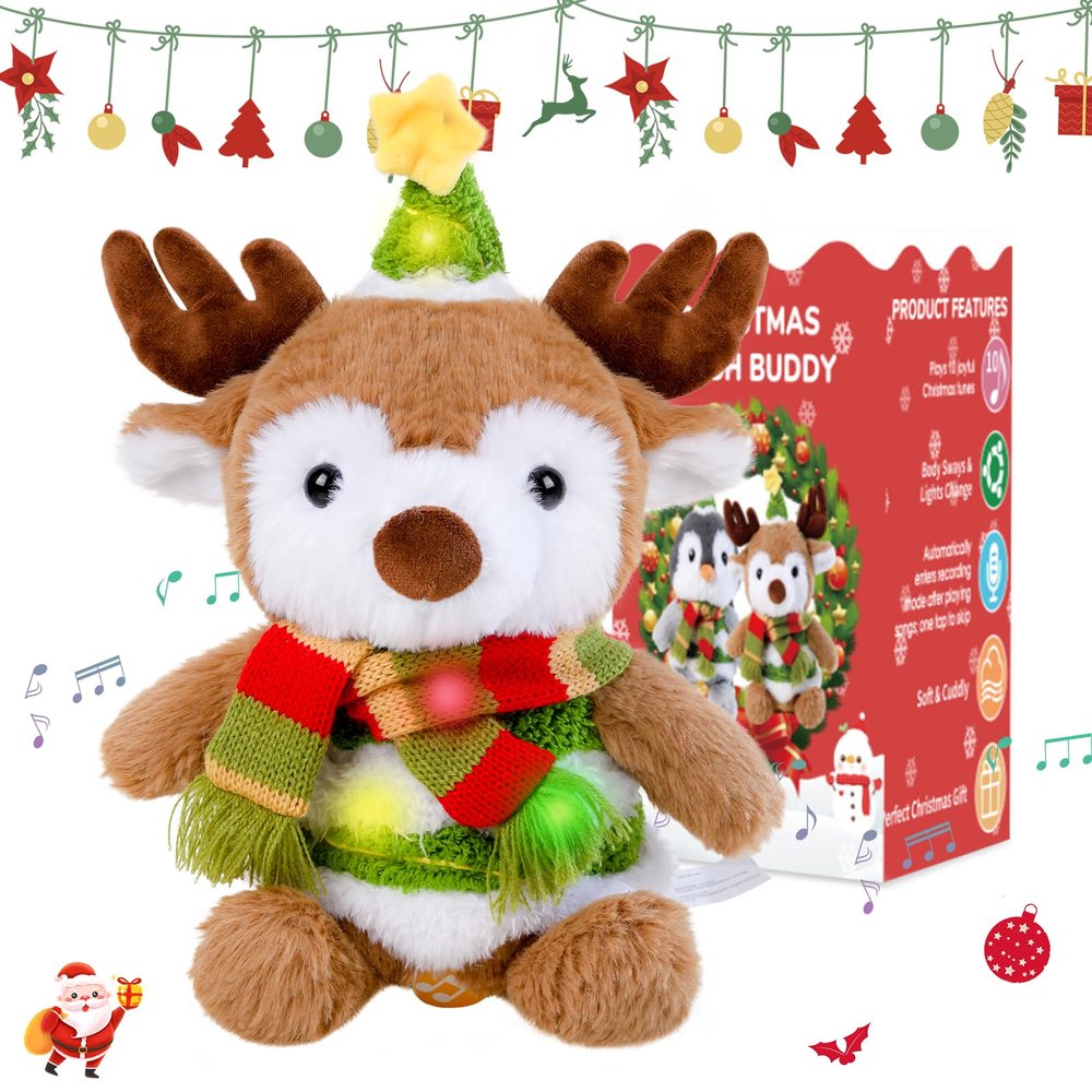 LLUKEME Reindeer Stuffed Animal Dancing Singing Plush with Music Light Voice Mimicking Function for Kids Adults Gifts