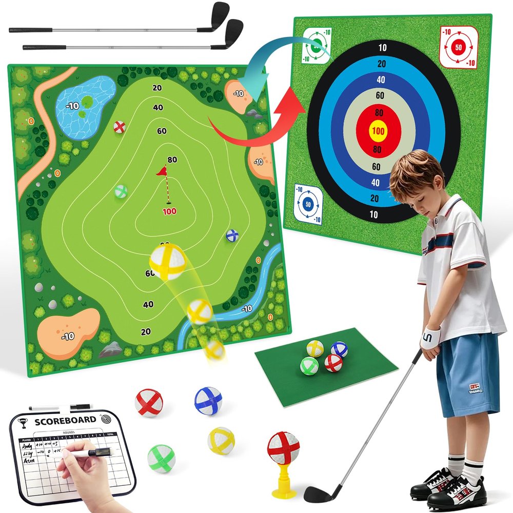 Battle Golf Chipping Game Set for Kids Adults, Chip and Stick Golf Game with 2 Adjustable Clubs, 55FT Double-Sided Chipping Practice Mat, 20 Sticky Balls Sport Toy Gift for Indoor Outdoor Family Fun