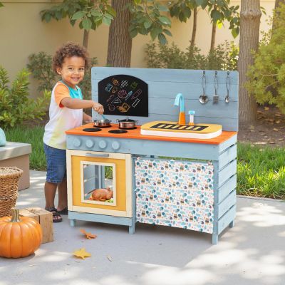 HONEY JOY Mud Kitchen, Cedar Wood Pretend Play Kitchen for Toddler, Real Faucet w/Running Water, Sink, Cook Accessories, Chalkboard, Storage Cabinet, Outdoor Kids Kitchen Playset for Garden Fun, Blue