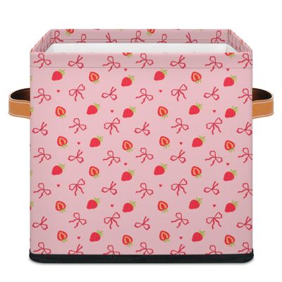 11" Pink Bow Strawberry Storage Basket Cube Large Toys Storage Box Bin with Handle Collapsible Closet Shelf Cloth Organizer for Nursery Bedroom