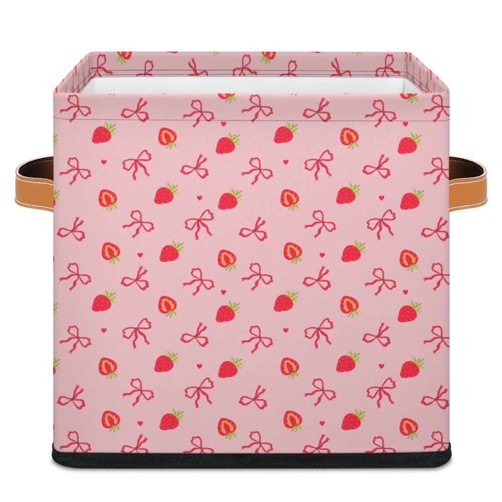 11" Pink Bow Strawberry Storage Basket Cube Large Toys Storage Box Bin with Handle Collapsible Closet Shelf Cloth Organizer for Nursery Bedroom