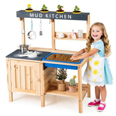 HONEY JOY Mud Kitchen, Cedar Wood Pretend Play Kitchen for Toddler, Removable Sink, Cook Accessories, Planter Box, Storage Cabinet, Outdoor Kids Kitchen Playset for Garden Fun, Natural