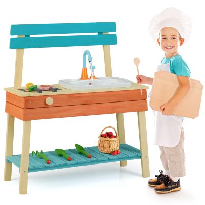 HONEY JOY Mud Kitchen and Barbecue Grill Combo, Real Faucet w/Running Water, Cedar Wood Pretend Play Kitchen for Toddler, Garden Tools & Cook Accessories, Outdoor Kids Kitchen Playset for Boys Girls