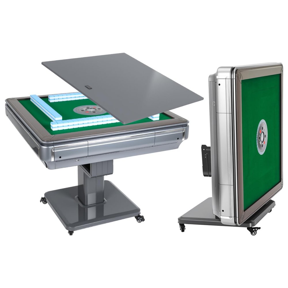Ciieeo Folding Automatic Mahjong Table with Wheels - Portable Mahjong Set with Numbered Tiles for Home Outdoor Leisure, Light Grey, Us Plug