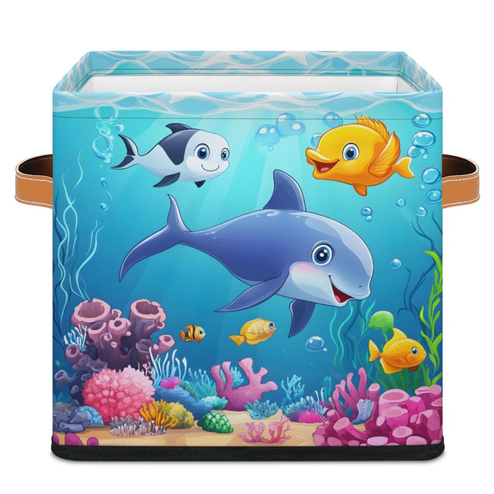 11" Sea Animals Storage Cube Organizer Dolphin Clothes Storage Basket Bin for Closet Shelf Stingray Seaweed Nursery Kid Room Book Toy Chest, 1Pcs