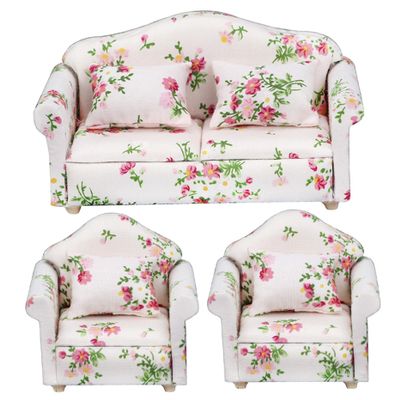 3Pcs/Set 1 12 Scale Dollhouse Furniture, Floral Pattern Double Single Dollhouse Couch with Pillow Armchair Sofa Living Room Furniture Wooden Accessories| Miniature