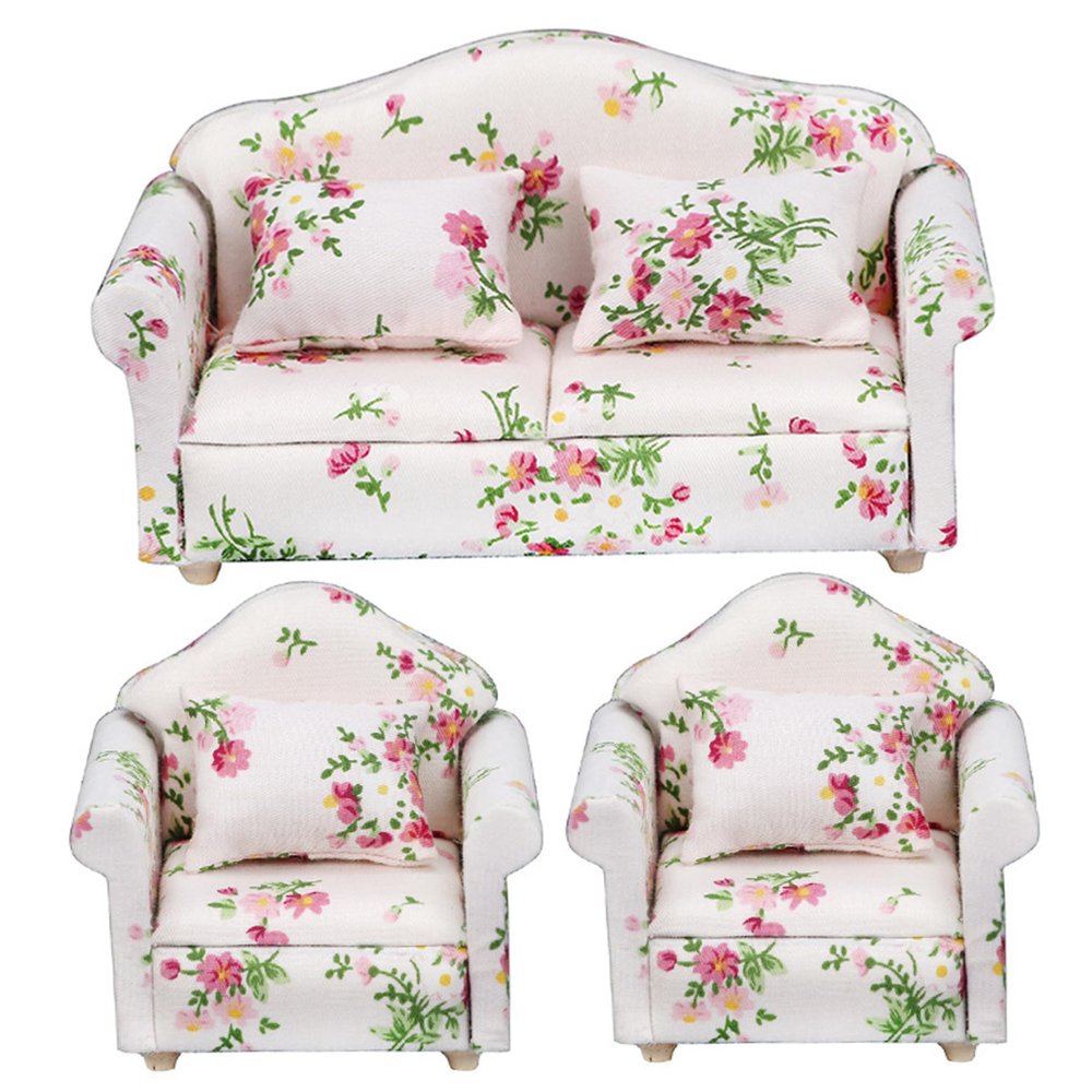 3Pcs/Set 1 12 Scale Dollhouse Furniture, Floral Pattern Double Single Dollhouse Couch with Pillow Armchair Sofa Living Room Furniture Wooden Accessories| Miniature