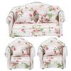 3Pcs/Set 1 12 Scale Dollhouse Furniture, Floral Pattern Double Single Dollhouse Couch with Pillow Armchair Sofa Living Room Furniture Wooden Accessories| Miniature view 1