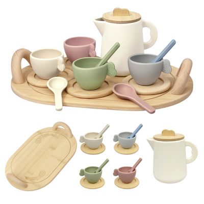 BOMOKS Wooden Tea Set for Toddlers 3-5, 15-Piece Pretend Play Kitchen Toys