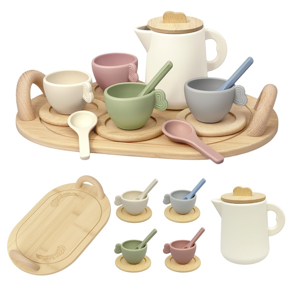 BOMOKS Wooden Tea Set for Toddlers 3-5, 15-Piece Pretend Play Kitchen Toys