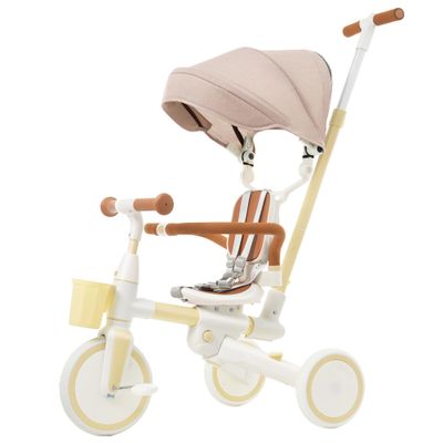 7-in-1 Kids Tricycle with Removable and Adjustable Push Rod, Toddler Push Bike with Removable Pedal, Canopy, and Guardrail, Toddler Bike for 18-72 Months (7 in 1, Yellow)