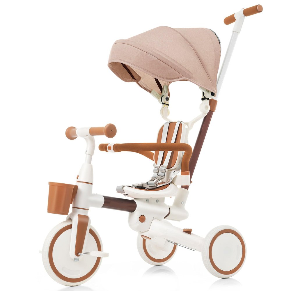 7-in-1 Kids Tricycle with Removable and Adjustable Push Rod, Toddler Push Bike with Removable Pedal, Canopy, and Guardrail, Toddler Bike for 18-72 Months (7 in 1, Ivory and Brown)