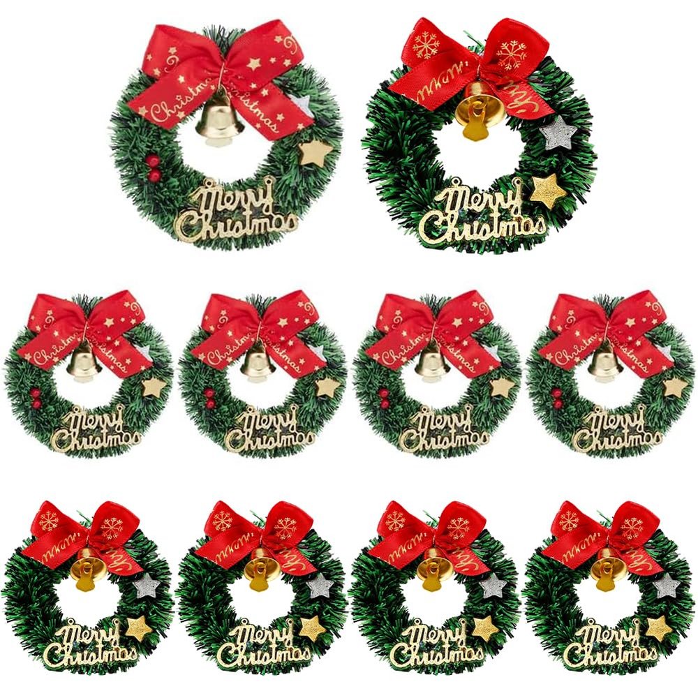 OLYCRAFT 10Pcs 2 Styles Mini Artificial Christmas Wreaths Ornaments Miniature Christmas Wreath Mini Wreaths with Bow and Bell Miniature Xmas Wreath for Tree Holiday Home Decoration