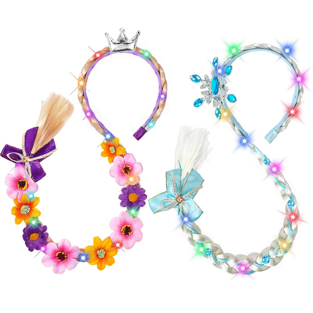 DUDUCOFU 2 Pcs Light Up Princess Braided Wigs, Princess Accessories Wig Headbands with Tiara Flowers Toys for Girls Kids Gift 3 4 5 6 7 8 9 10 11 12