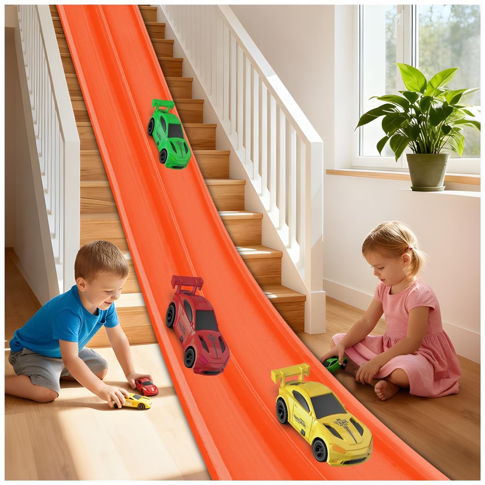 15 Ft Flexible Race Track Toy Set, DIY Bendable Dual Lane Race Car Track with Strong Suction Cups, Portable Racing Track for 1:64 Diecast Cars, Easy Install Racetrack for Kids Ages 3+, Orange