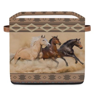 13" Vintage Art Animal Horse Storage Basket Cube Large Toys Storage Box Bin with Handle Collapsible Closet Shelf Cloth Organizer for Nursery Bedroom