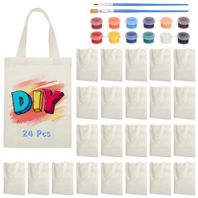yeeplant 24 Piece Mini Canvas Tote Bags, Blank Handbags For ChildrenS Diy, Reusable Grocery Bags With 12-Color Acrylic Paint Set, Perfect For Arts & Crafts