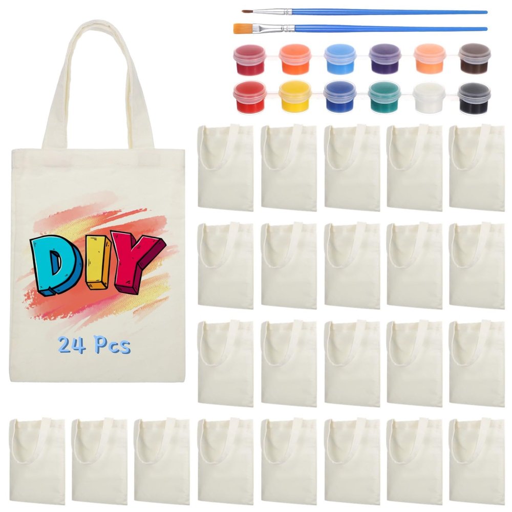yeeplant 24 Piece Mini Canvas Tote Bags, Blank Handbags For ChildrenS Diy, Reusable Grocery Bags With 12-Color Acrylic Paint Set, Perfect For Arts & Crafts