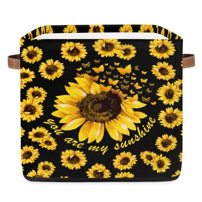 13 Inch Fabric Storage Cube with Handles, Sunflowers Collapsible Square Storage Basket, Yellow Butterfly Storage Bin Canvas Closet Organizer for Toys Books Clothes