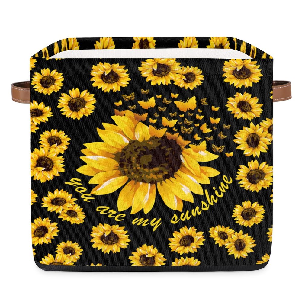13 Inch Fabric Storage Cube with Handles, Sunflowers Collapsible Square Storage Basket, Yellow Butterfly Storage Bin Canvas Closet Organizer for Toys Books Clothes