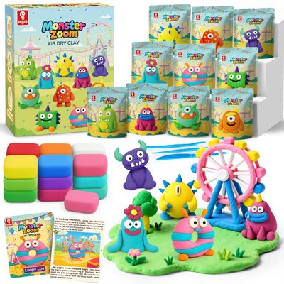 BEIREG Monster Air Dry Clay Kits for Kids, 10 DIY Monster Theme Modeling Clay, Story Cards Tools, Ultra Light & Soft, Non-Toxic, Home School Projects Party Favor Bags for Boys Girls Gifts