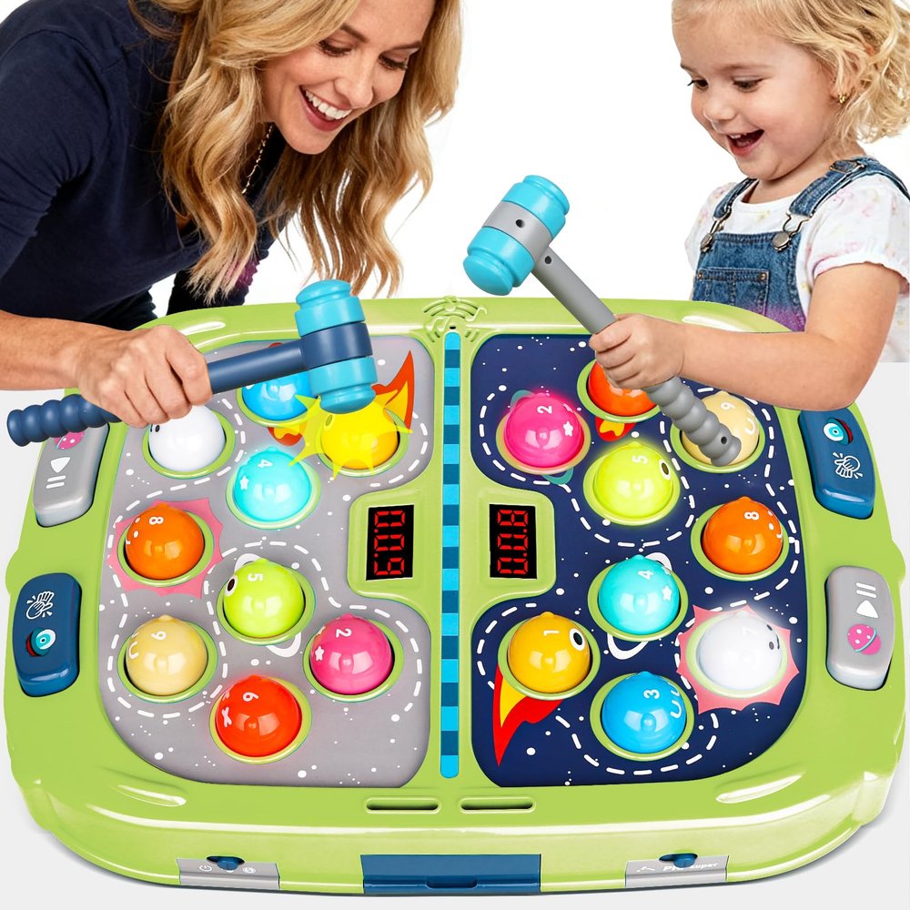 2-Player Whack Game Mole - Toys for Age 3-12 Kids,2 Hammers,3 Modes with Sound & Light,Safe Educational Pounding Toy,Christmas Birthday Gift for 3 4 5 6+ Year Old Boys Girls,Green