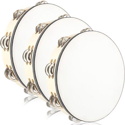 3 Pcs 10 Inch Adult Wedding Tambourines Wooden Drum Natural Handheld Drums with Double Metal Jingles Drums Musical Instruments Percussion for Church Wedding Party Favor