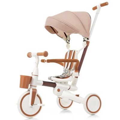 Foldable Kids Tricycle Homonova, 7 in 1 Portable Toddler Bike with Dual-Direction Rotating Seat Adjustable Pedals Removable Canopy Cup Holder and Safety Harness, for Children 18 to 60 Months (Ivory)
