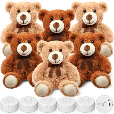 Halloscume 6 Pack 14 Bears Stuffed Animals with Voice Recorder Set 30 Seconds Voice Sound Recorder Plush Bear Stuffed Animal with Zipper Sound Bin for Birthday (Brown,Khaki)