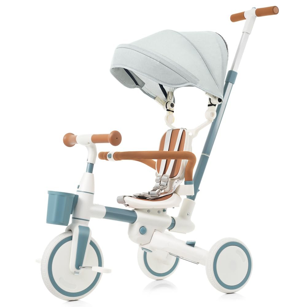 Foldable Kids Tricycle Homonova, 7 in 1 Portable Toddler Bike with Dual-Direction Rotating Seat Adjustable Pedals Removable Canopy Cup Holder and Safety Harness, for Children 18 to 60 Months (Blue)