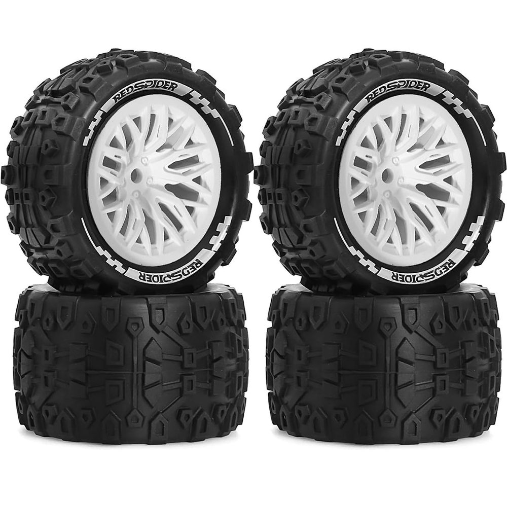 1/16 1/18 Monster Truck Wheel Rim Tires Set, OD: 75mm and 12mm Hex Compatible with 1/18 Scale RC Off-Road Monster Trucks ARRMA GRANITE GROM E-REVO Summit HPI WLtoys Volcano-16 R373/4PCS (White)