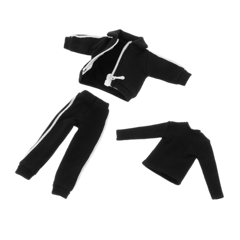 1/12 Male Action Figure Clothes Tracksuit Fashion Coat Bottoming Shirt Miniature Sweatsuits Outfits Doll Clothing Sportswear, Black