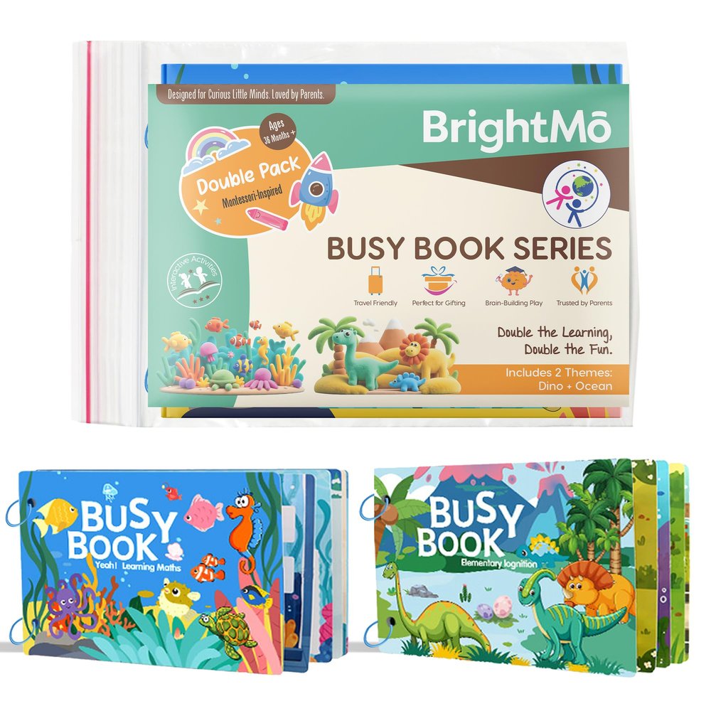 BrightM Montessori Busy Book Set (Dinosaur + Ocean) Preschool Learning Activities for Ages 3+, Fine Motor Skills, Interactive Velcro Activity Kit, Travel Toy for Kids (2-in-1 Bundle)