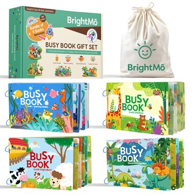 BrightM Montessori Busy Book Set (4-in-1) Preschool Learning Activities for Ages 3+, Fine Motor Skills, Travel Activity Kit, Dinosaur Farm Ocean Animal Themes