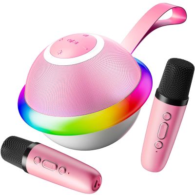 Mini Karaoke Machine for Kids with 2 Wireless Microphones, Portable Bluetooth Speaker Gift for Girls Toys 4, 5, 6, 7, 8, 9, 10, 12+ Years, LED Lights Chritmas Birthday Festival for Party, Home(Pink)