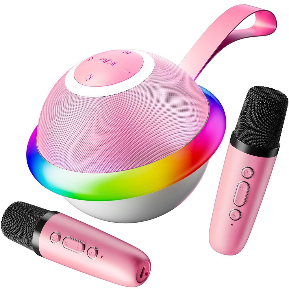 Mini Karaoke Machine for Kids with 2 Wireless Microphones, Portable Bluetooth Speaker Gift for Girls Toys 4, 5, 6, 7, 8, 9, 10, 12+ Years, LED Lights Chritmas Birthday Festival for Party, Home(Pink)