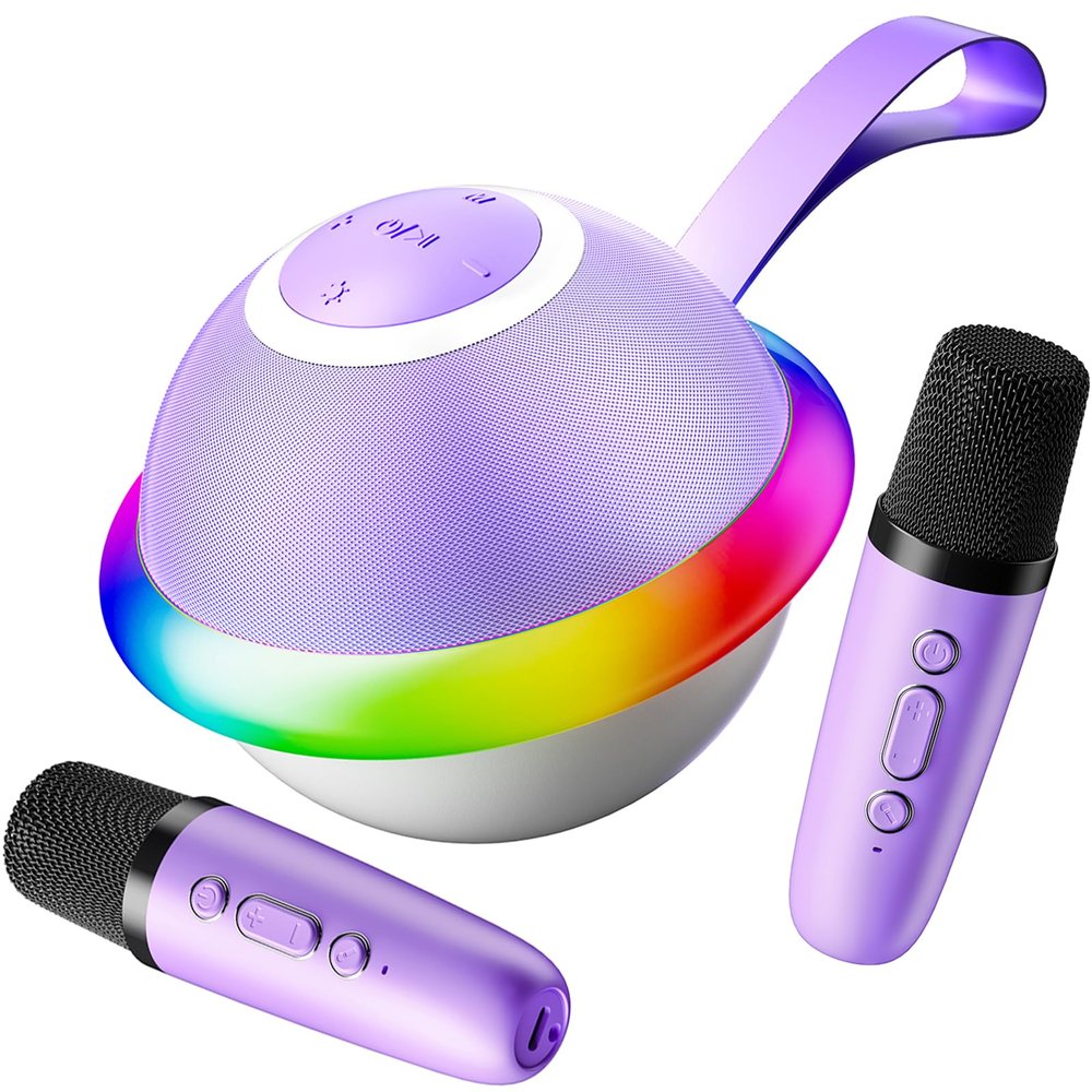 Mini Karaoke Machine for Kids with 2 Wireless Microphones, Portable Bluetooth Speaker Gift for Girls Toys 4, 5, 6, 7, 8, 9, 10, 12+ Years, LED Lights Chritmas Birthday Festival for Party, Home(Purple)