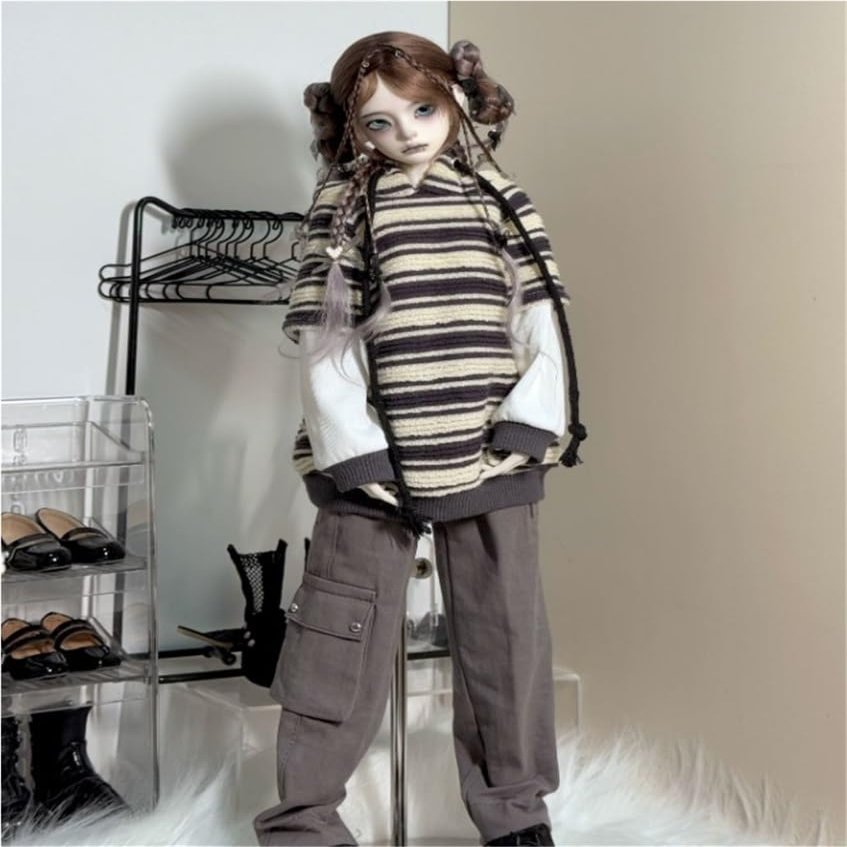 1/4 BJD Doll Clothes Accessories Hooded Sweatshirt Cargo Pants for 45cm Dolls Clothing BJD Dolls(Beige)