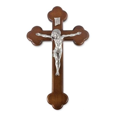 10" Latin Walnut Cross with Genuine Fine Pewter Corpus with Halo