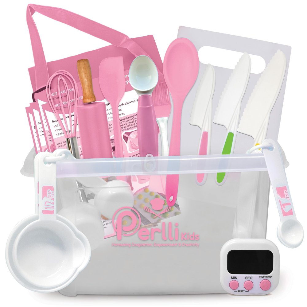 PERLLI Kids Real Cooking and Baking Supplies Gift Set with Case (Pink)