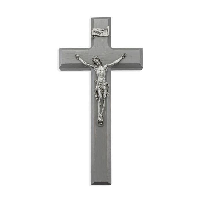 10" Grey Wood Cross with a Fine Pewter Corpus