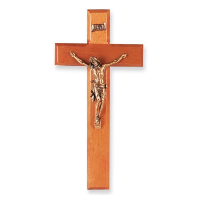 10" Cherry Wood Cross with a Museum Gold Finish Corpus