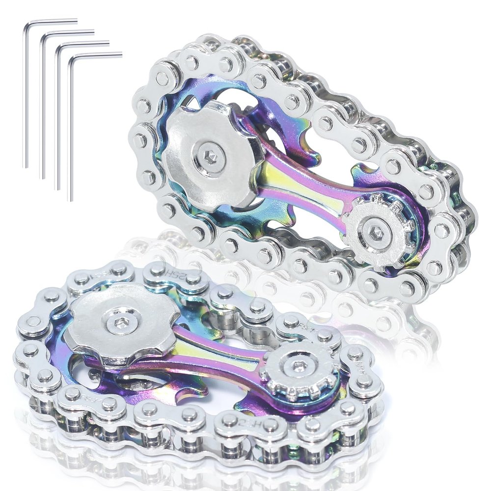 2 Pack Classic Silver Bike Chain Metal Fidget Spinners for Adults & Teen & Kids 8-12, Cool Gadgets Office Desk Toy Stress Relief Items for Autism ADHD Anxiety Stocking Stuffers for Teen Boys Men Gift