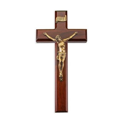 10" Dark Cherry Wood Cross with Museum Gold Finish Corpus