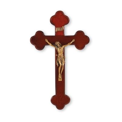 10" Budded Dark Cherry Wood Cross with a Museum Gold Finish Corpus